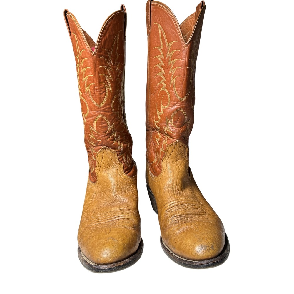 Nocona Vintage Cowboy Boots Leather Two Tone Tan Cognac Made USA Mens 9 D